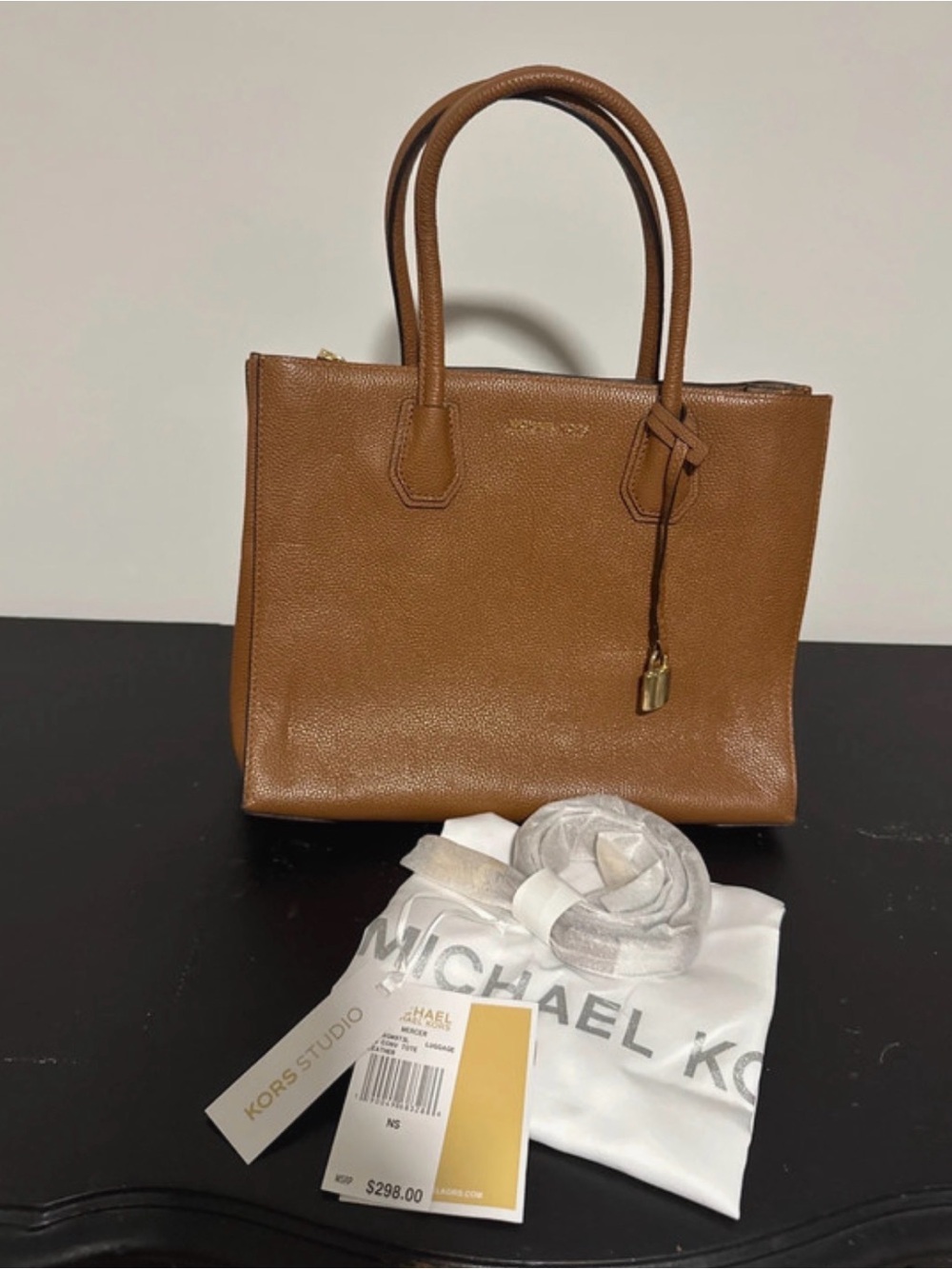 Michael Kors Cognac Pebbled Leather Satchel with Gold Hardware Mercer Large